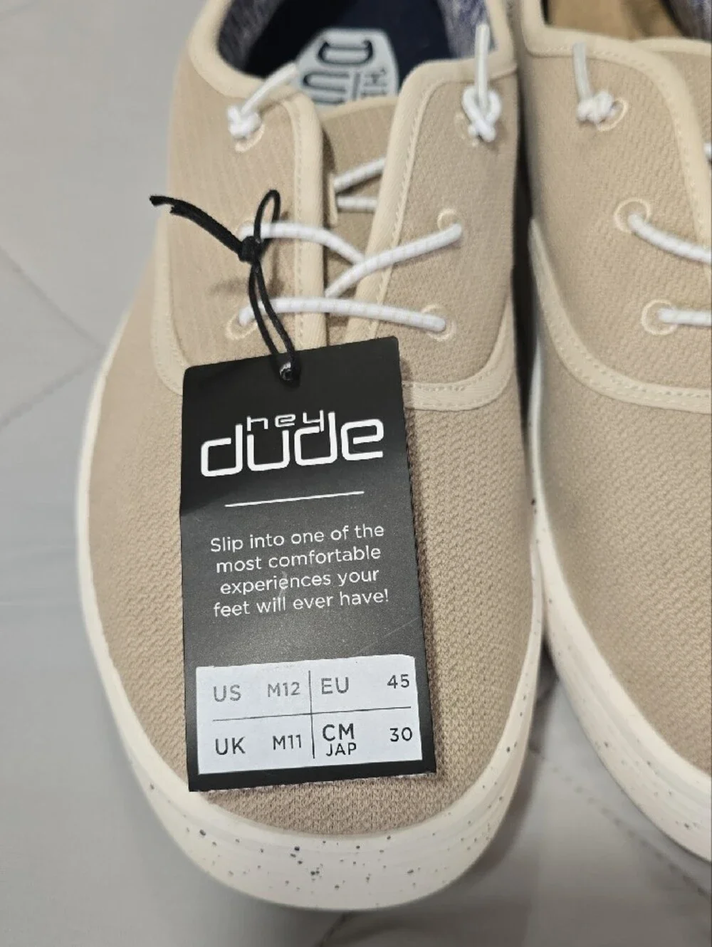 Hey Dude Men's Beige Canvas Boat Shoes with White Laces